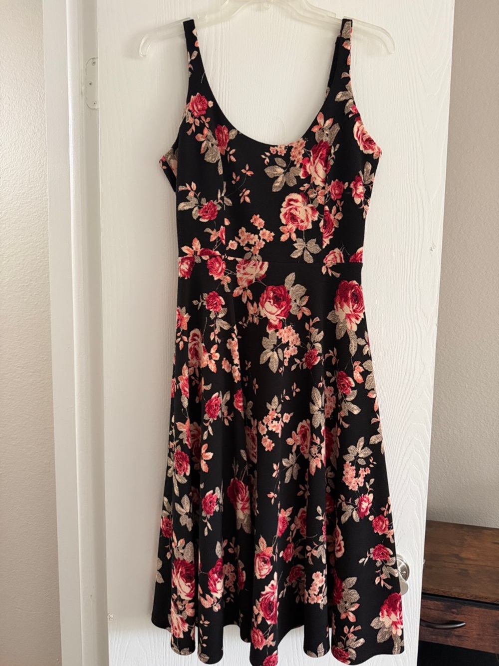 Black Floral Fit-and-Flare Dress with Pink Roses